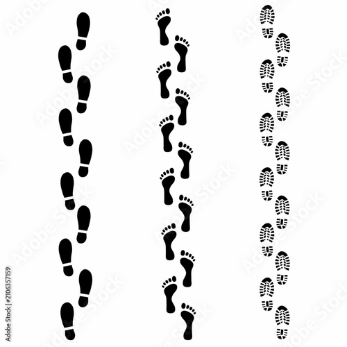 Vector illustration of footprints both shod and barefoot on a white background. Footprints of a person walking.