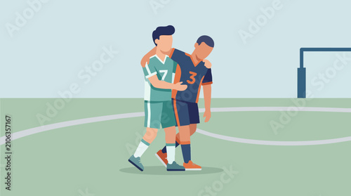 Schilderij op canvas Soccer players showing sportsmanship and support for injured teammate