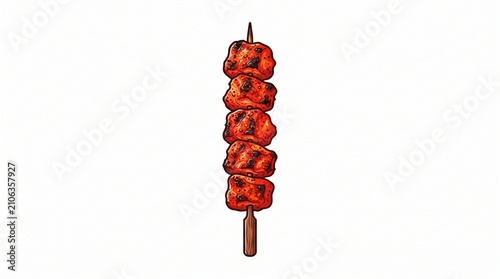 Chicken tikka skewer on white background. Grilled spicy meat kebab for restaurant menu.