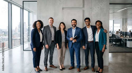 Diverse Group of Successful Business Professionals Standing Together for a Corporate Portrait in a Modern Office Space