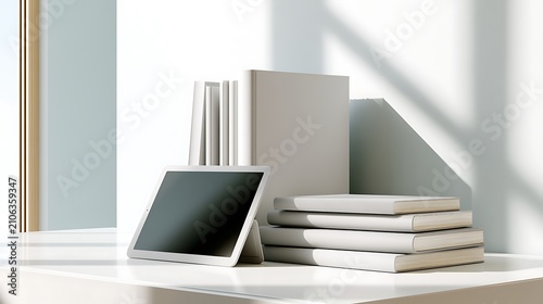 books and tablet on white table in bright room
