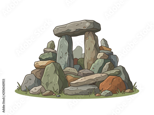 A hand drawn illustration of an ancient stone dolmen monument surrounded by a pile of rocks.