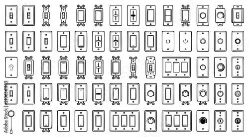 Extensive set of electrical light switch icons and wall outlet designs in minimalist black and white line art for home automation and smart building interface projects