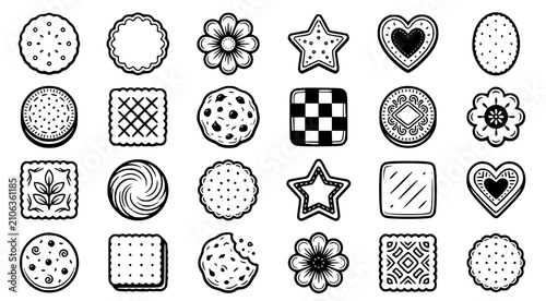Schilderij op canvas Assorted sweet cookie and biscuit icons in black and white hand drawn vector sty