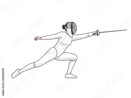 A line art illustration of a fencer in a lunge position holding a foil.