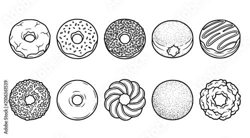 Assorted collection of delicious donuts with various glazes and toppings in black and white line art style isolated on white background for bakery menu and food design concepts