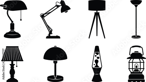 Schilderij op canvas Home lighting and lamps black silhouettes set featuring desk lamp adjustable lig