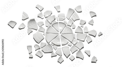 A circular arrangement of broken white porcelain pieces forming a fragmented pattern with a central void on a plain white background.