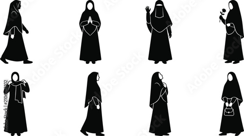 Cuadro en lienzo Muslim woman in hijab silhouette icons set featuring various modest poses walkin