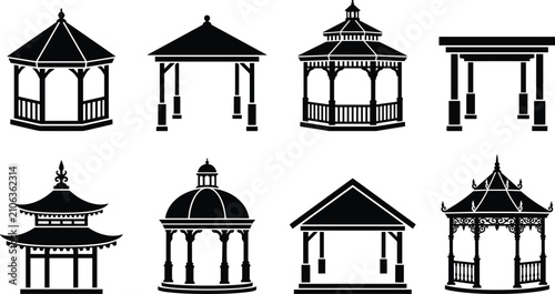 Bild auf Leinwand Outdoor gazebo pavilion pergola and backyard shelter structures black silhouette