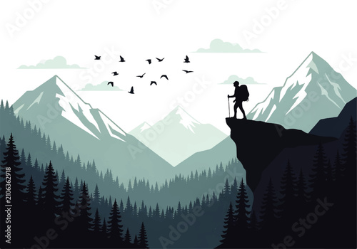 Foto Flat Design illustration of a lone hiker standing on a cliff edge overlooking a