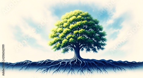 Lush Green Tree with Powerful Deep Roots Against a Serene Sky