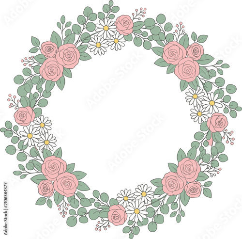 Elegant Floral Wreath Vector Illustration Featuring Hand Drawn Pink Roses Daisies and Eucalyptus Leaves Garland Border Frame for Wedding Invitation Designs