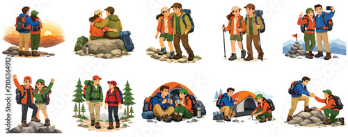 Vector of a couple hiking up a mountain. Vector, illustration, minimalist, flat