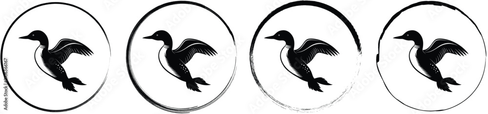 Fototapeta premium Four circular stamps featuring a black silhouette of a loon bird with wings spread, isolated on a white background, set
