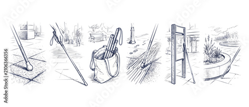 Blind cane accessibility sketch illustration set showing visually impaired navigation tools, tactile paving, folded cane in bag, and street mobility concept drawings in clean line art style.