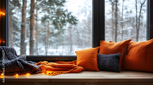 Cozy winter window sill with comfortable pillows blankets and burning candles