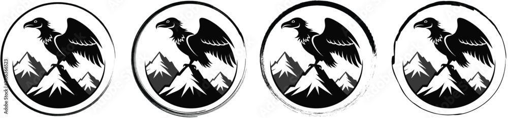 Fototapeta premium Collection of four circular badges featuring a black silhouette of a vulture with spread wings on a mountain, isolated on a white background