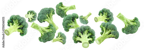Foto Delicious raw broccoli scattered in weightless motion, isolated on transparent c