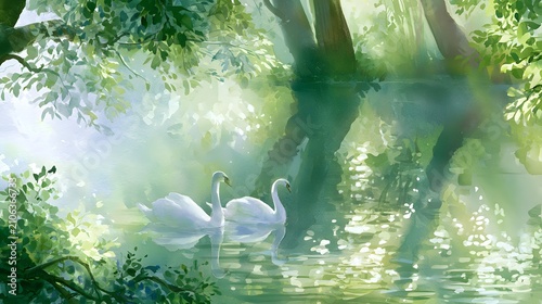 Serene watercolor swans grace a tranquil lake reflecting lush foliage peaceful morning light