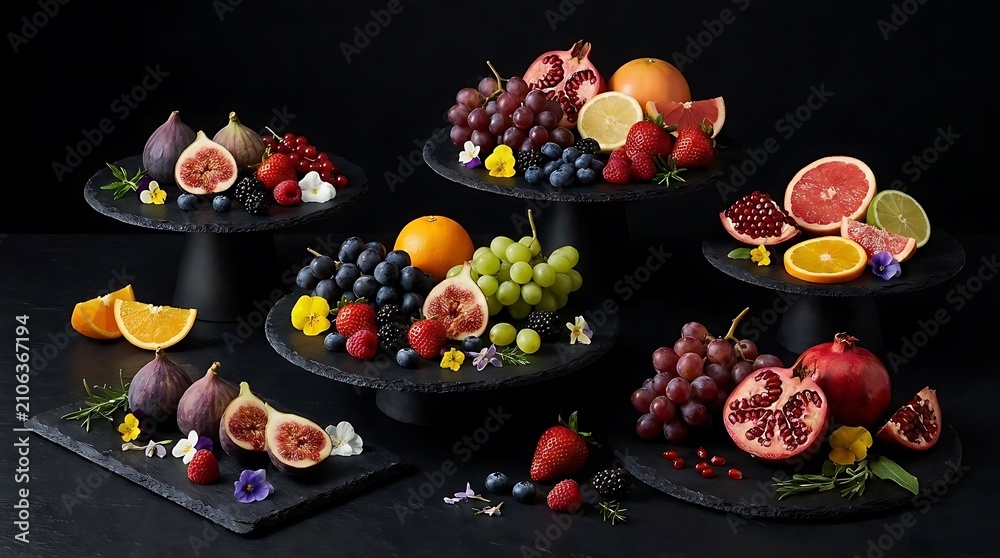 Fototapeta premium Assorted fresh fruit platters on dark slate trays.