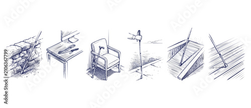 Cuadro en lienzo Blind cane walking stick illustration set showing visually impaired navigation, orientation, and mobility aids in various everyday environments, vintage sketch engraving style graphic design elements