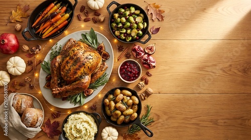 Festive thanksgiving dinner table spread with roasted turkey and sides
