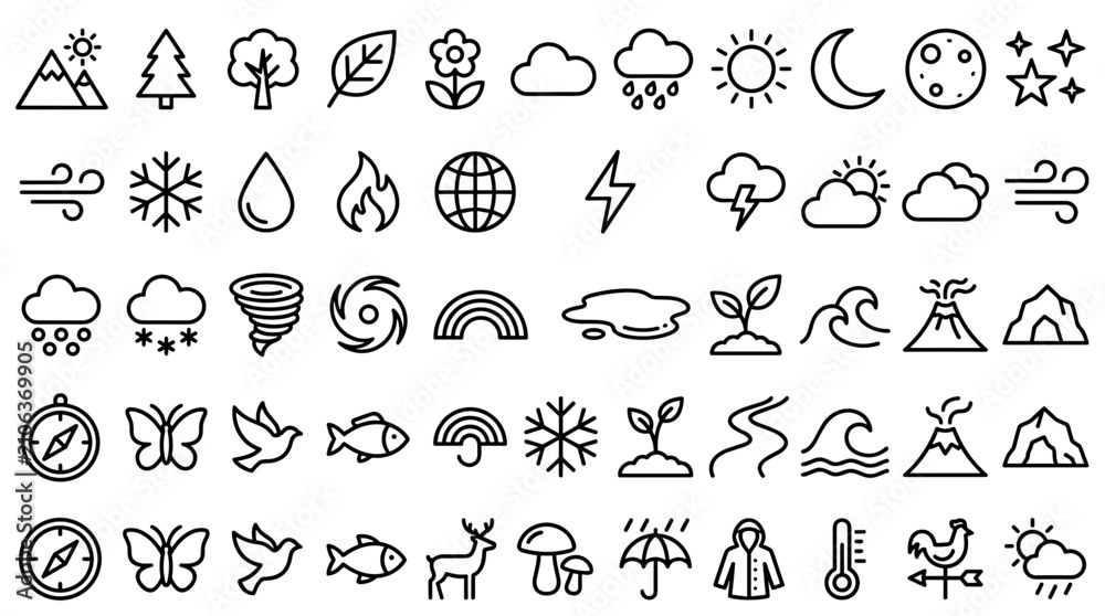 Obraz premium Nature icons, 50 weather line vectors