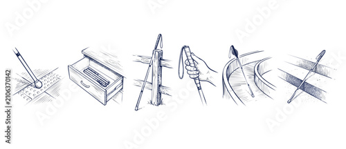 White cane blind accessibility illustration set showing blind cane being used on tactile paving, stored in drawer, held by hand, and navigating steps. Minimalist hand drawn line art drawings.