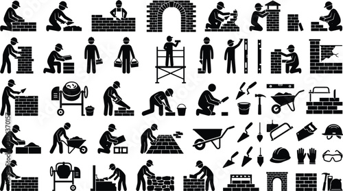 Tableau sur toile Brick Masonry and House Construction Silhouette Icon Set with Solid Black Symbol