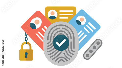 Biometric fingerprint authentication vector, digital identity verification and security concept, personal ID cards with padlock and password icons