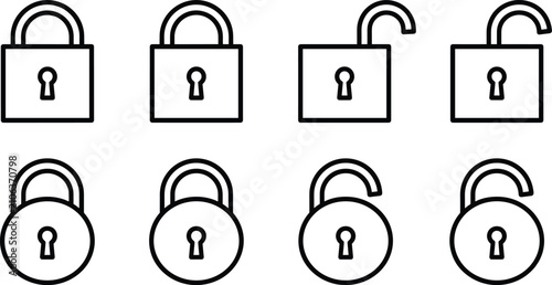 Set of locked and unlocked padlock line icons with security and access symbols
