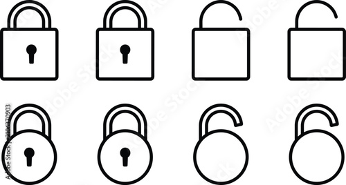 Set of locked and unlocked padlock line icons with security and access symbols