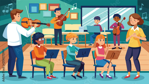 Diverse children learning violin and guitar in music class with instructor during daylight