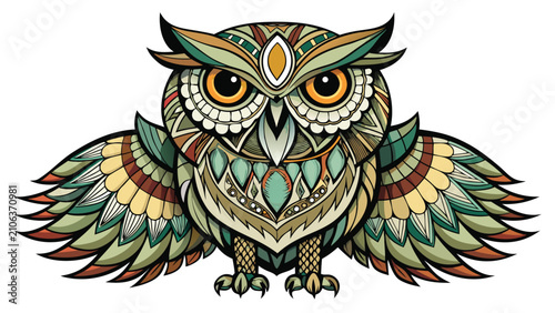 Ornamental owl with spread wings in ethnic tribal pattern with vibrant colors on white background