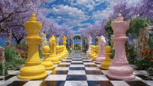 large chessboard in yellow and pink
