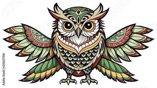 Ornate Owl with outstretched wings in a vibrant boho style isolated on white background