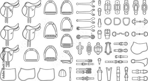 Foto Horse Riding Equestrian Equipment Outline Icon Set with Saddle Stirrups Bridles