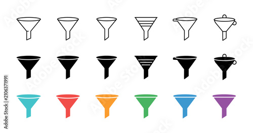 Set of kitchen and industrial funnel icons in outline solid colorful styles with laboratory equipment collection silhouette colorful minimalist