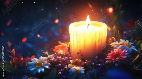 Illuminated Candle Surrounded by Vibrant Flowers in a Dark Setting