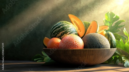 A Rustic Wooden Bowl Filled with Various Fresh Melons and Leaves
