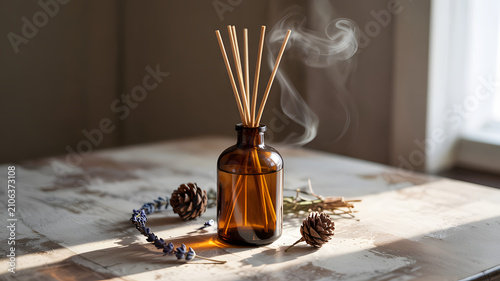Aroma reed diffuser in amber glass bottle with smoke and pine cones on wooden table