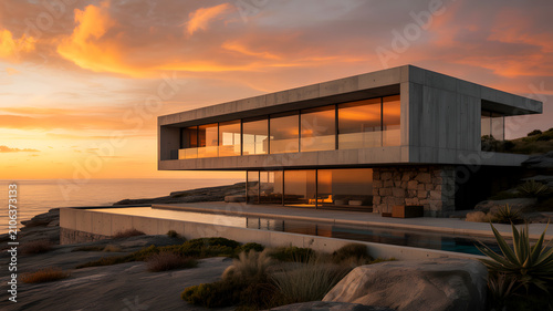 Modern concrete villa with infinity pool on rocky ocean coast at sunset