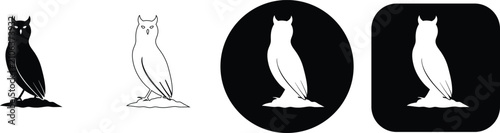 Obraz na plátne Set of four owl in black and white featuring a perched bird in silhouette, outli