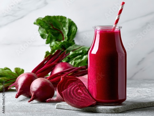 Fresh beetroot smoothie in glass bottle with raw beets on marble surface in sharp macro shot for health and wellness marketing