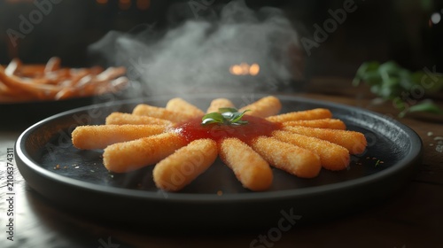 Crispy Fried Food Arrange on a Dark Plate with Tomato Sauce