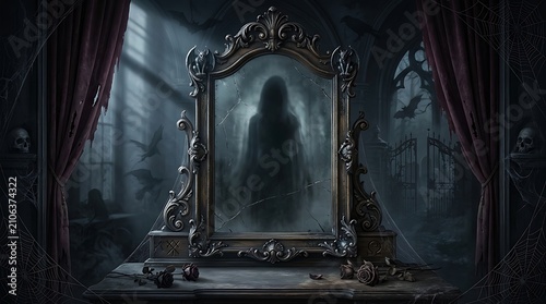 A spooky silhouette of a woman standing inside an old ornate vintage mirror in a dark haunted room