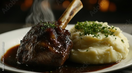 Delicious Braised Lamb Shank with Creamy Mashed Potatoes, Garnished and Steaming.