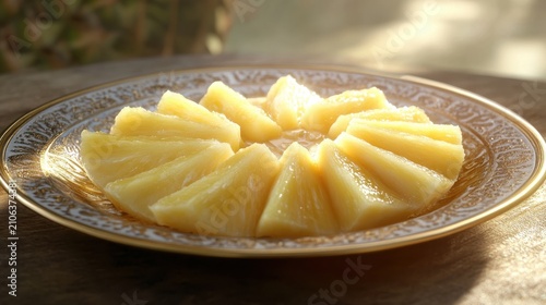 Sunlit Pineapple Slices on Ornate Gold Plate