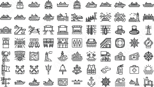 Bild auf Leinwand Ferry Transportation and Maritime Travel Line Icon Set with Outline Symbols for